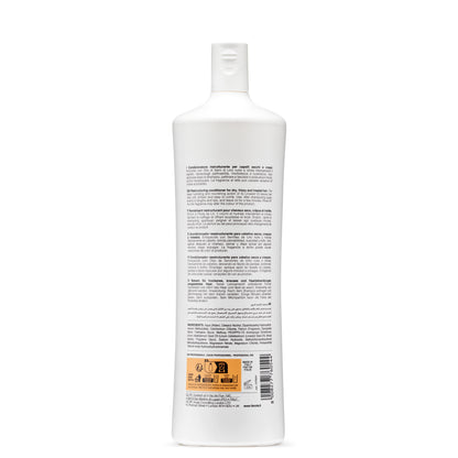 White bottle of restructuring conditioner for dry, frizzy hair with multilingual label and Italian origin