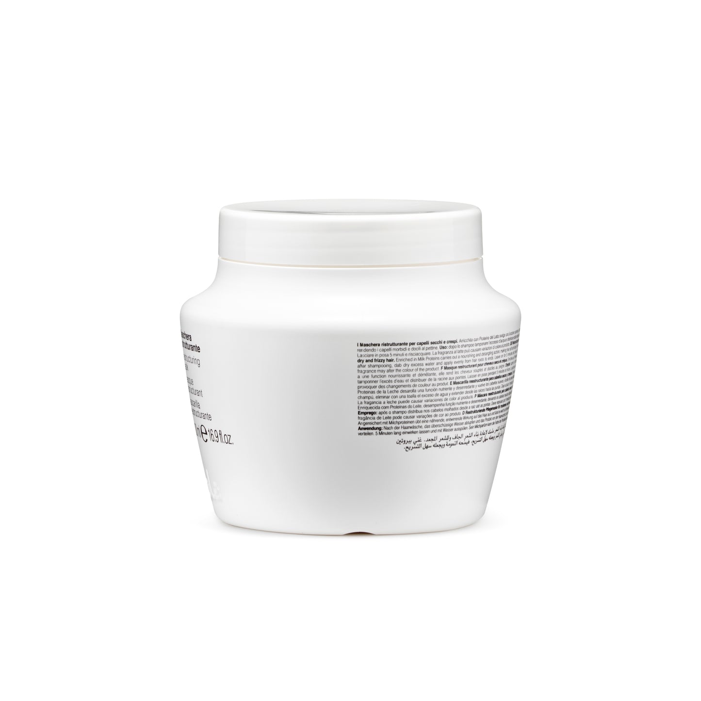 White jar of restructuring hair mask for dry, frizzy hair with multilingual text, 16.9 fl.oz.