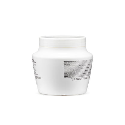 White jar of restructuring hair mask for dry, frizzy hair with multilingual text, 16.9 fl.oz.
