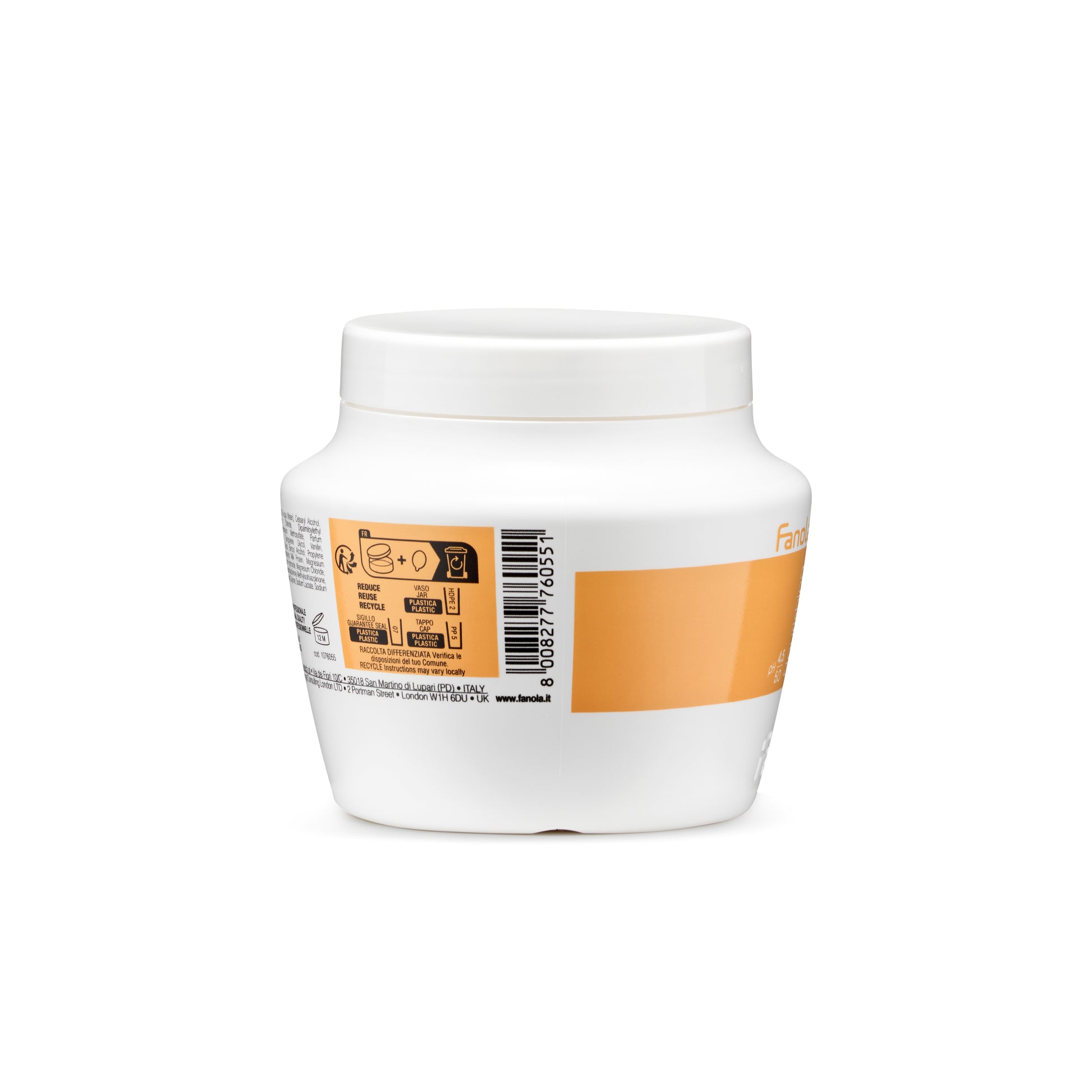 White jar with orange label, barcode, and recycling info for European beauty product