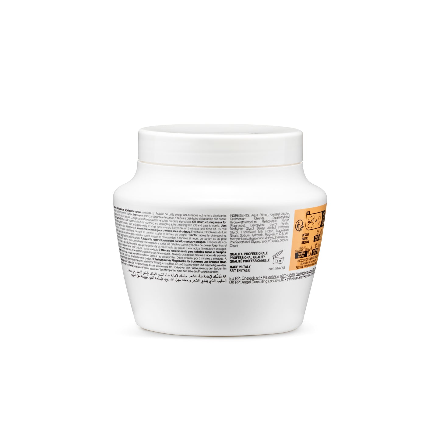 White jar of restructuring hair mask for dry, frizzy hair, made in Italy, professional quality