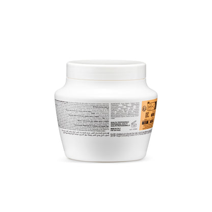 White jar of restructuring hair mask for dry, frizzy hair, made in Italy, professional quality