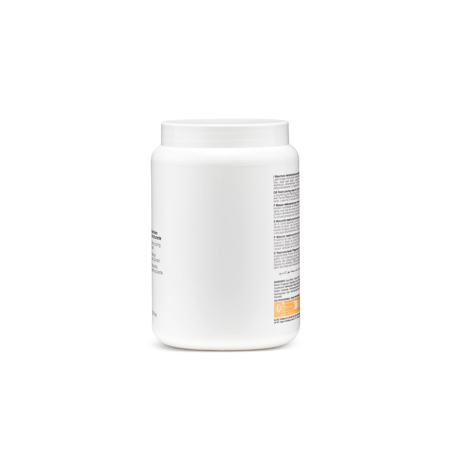 White jar of restructuring hair mask for dry damaged hair, professional salon use