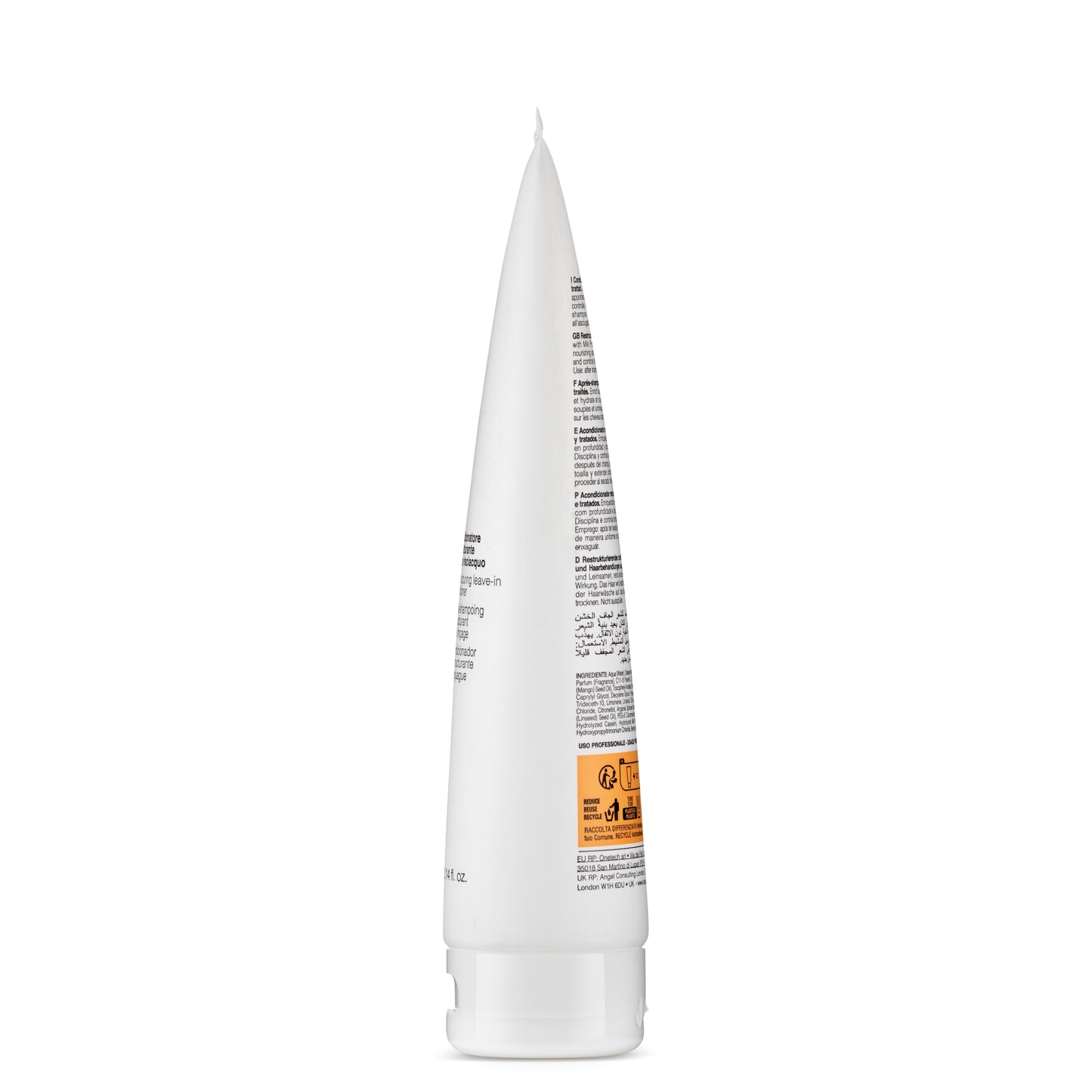 White leave-in conditioner tube with multilingual text and recycling info, for treated hair care