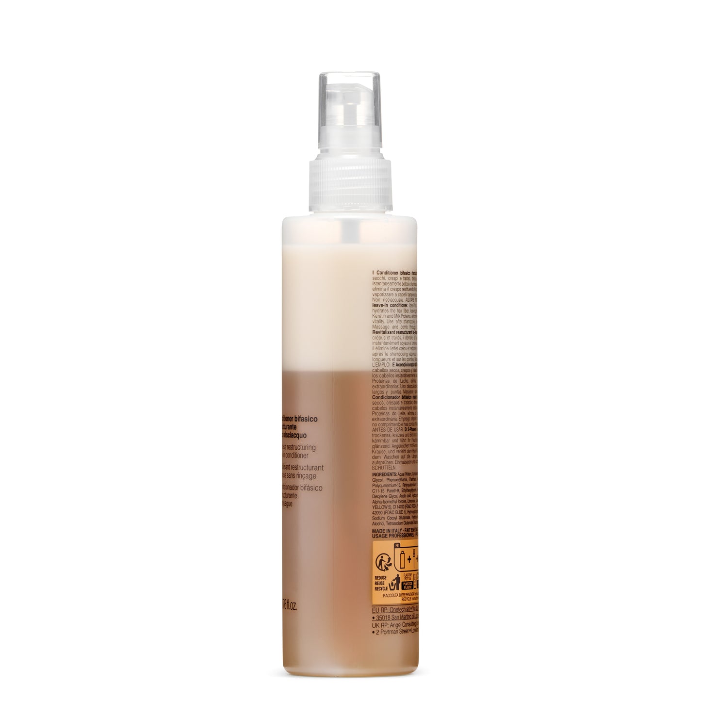Leave-in conditioner spray for dry, curly hair with keratin and milk proteins, made in Italy