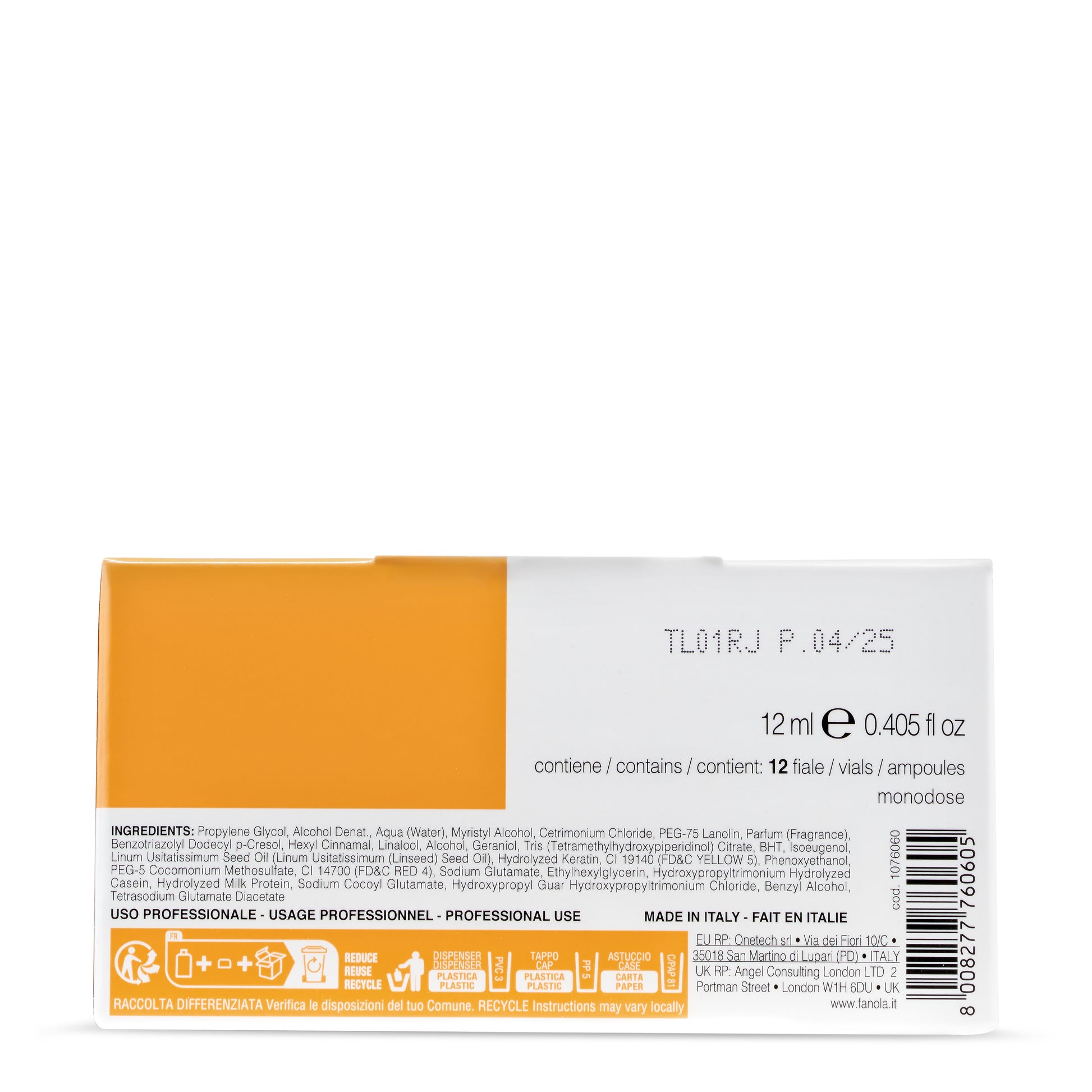 Professional hair care product box with 12 single-dose vials, made in Italy, ingredients and recycling info visible