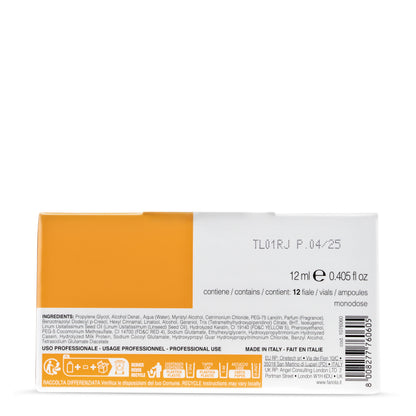 Professional hair care product box with 12 single-dose vials, made in Italy, ingredients and recycling info visible