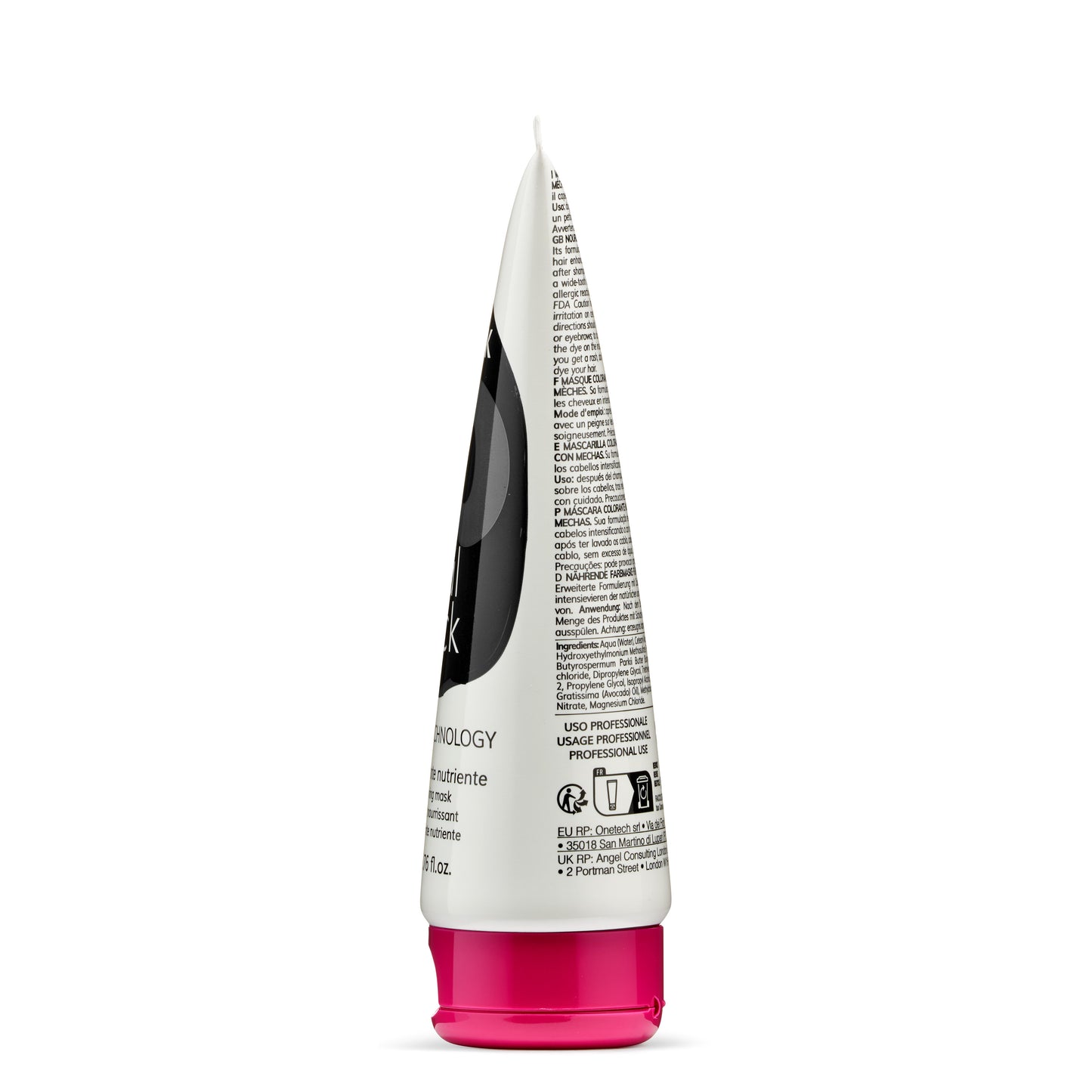 White tube with pink cap, hair color mask for highlights, professional use, multi-language label