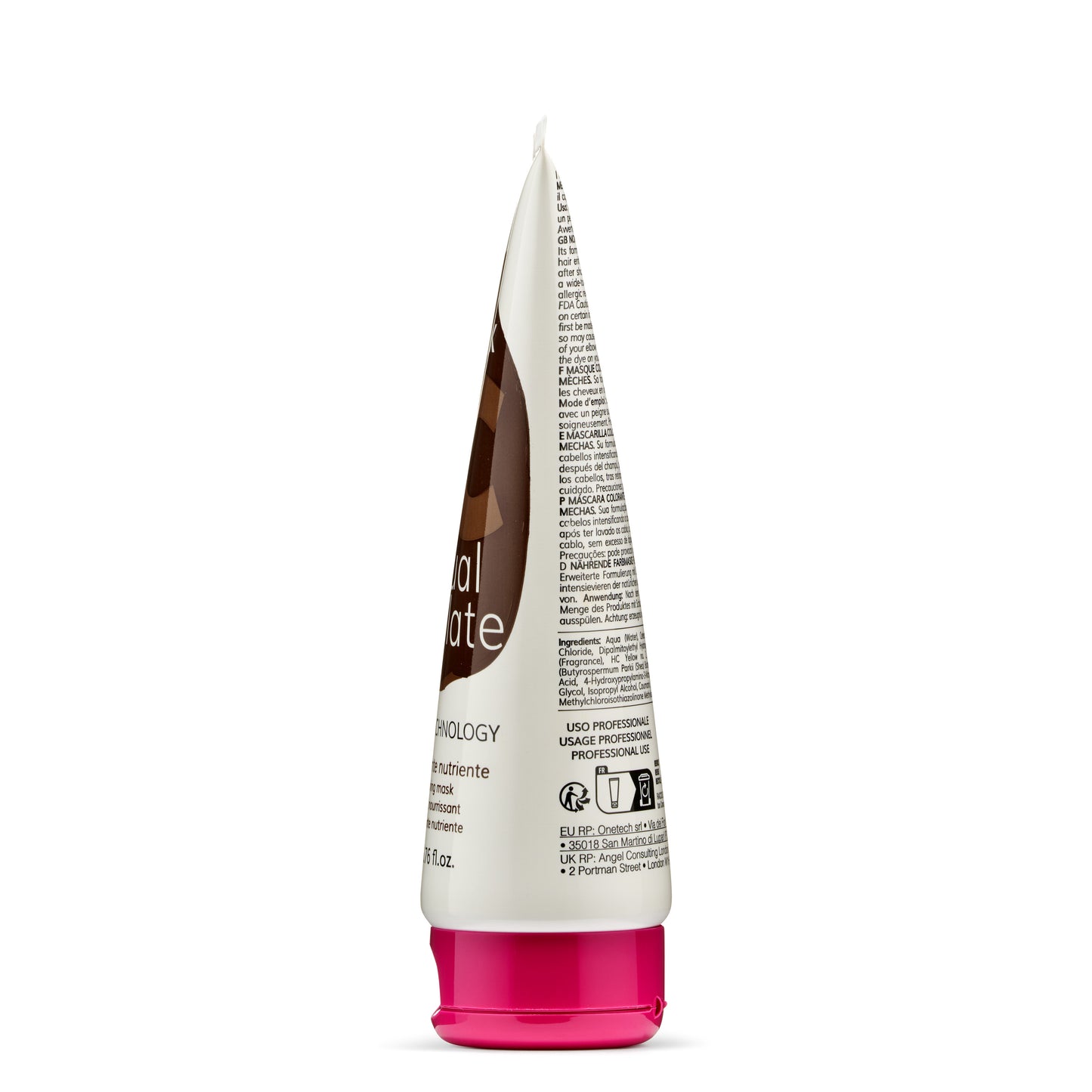 Chocolate hair mask tube with pink cap, professional use, nourishing formula for hair care