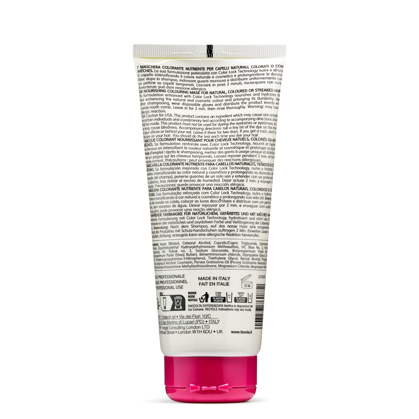 Nourishing hair color mask tube with multilingual instructions, made in Italy, for natural or colored hair care.