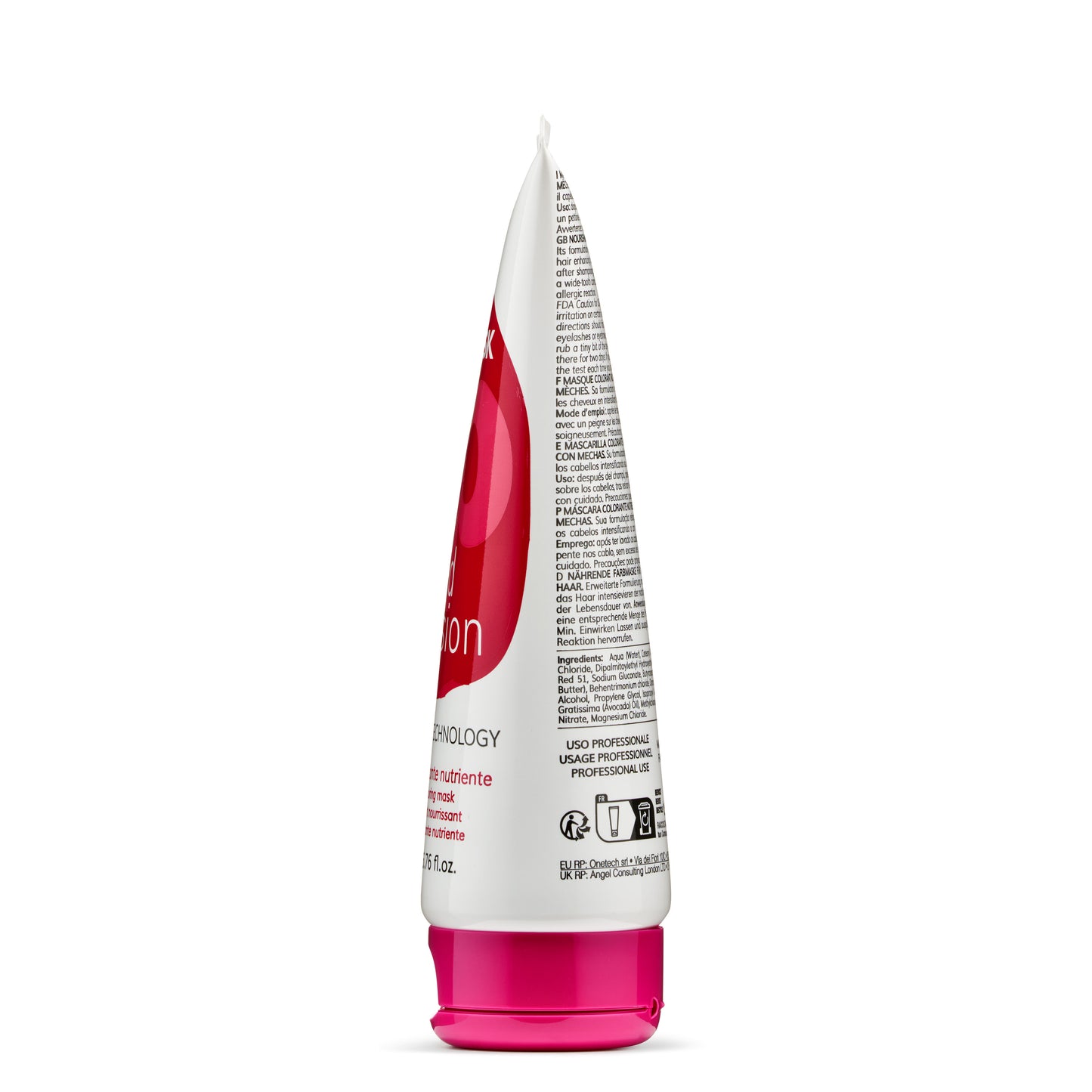 White and pink tube of nourishing hair mask with multilingual instructions, professional use