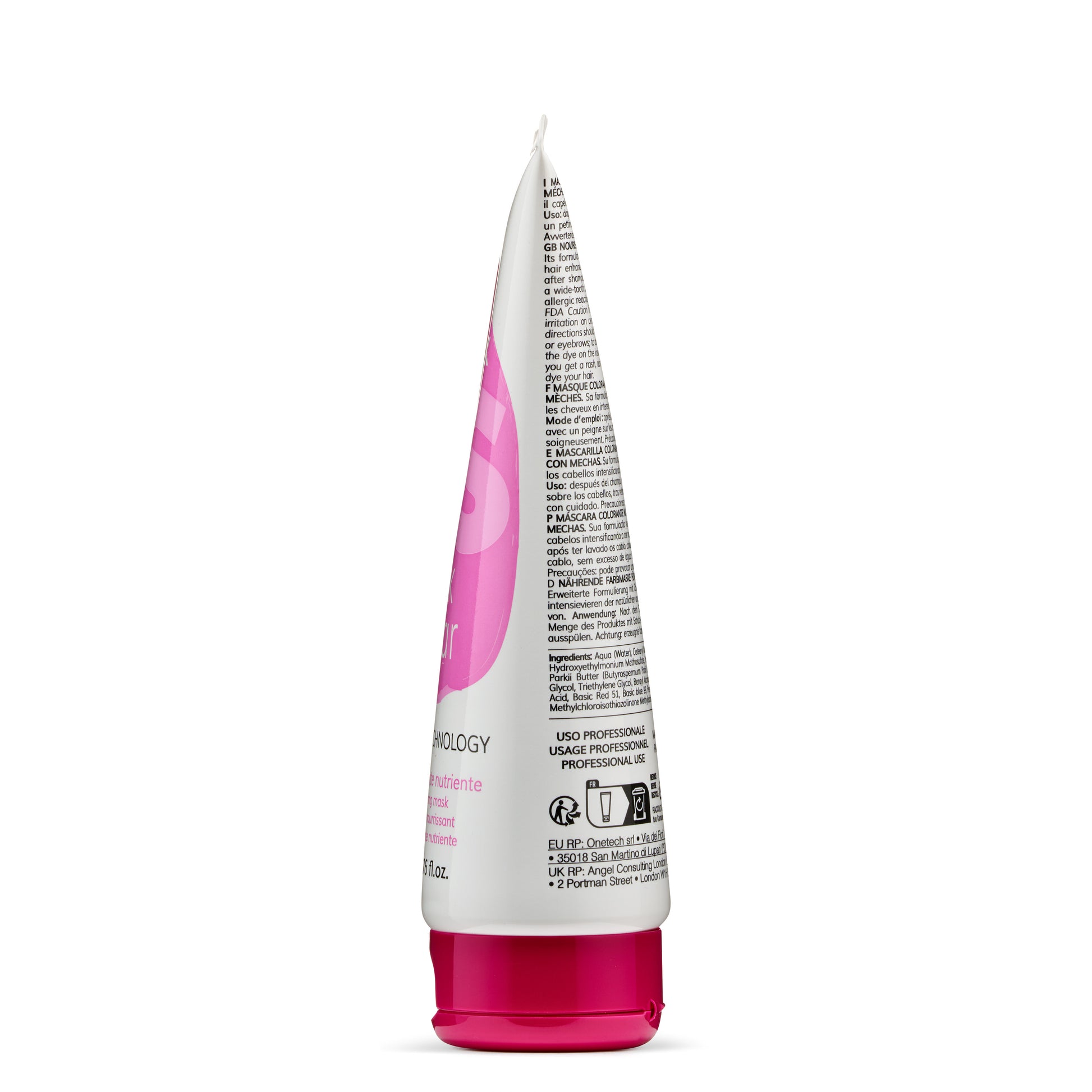 Pink and white hair color mask tube with multilingual instructions, professional use only
