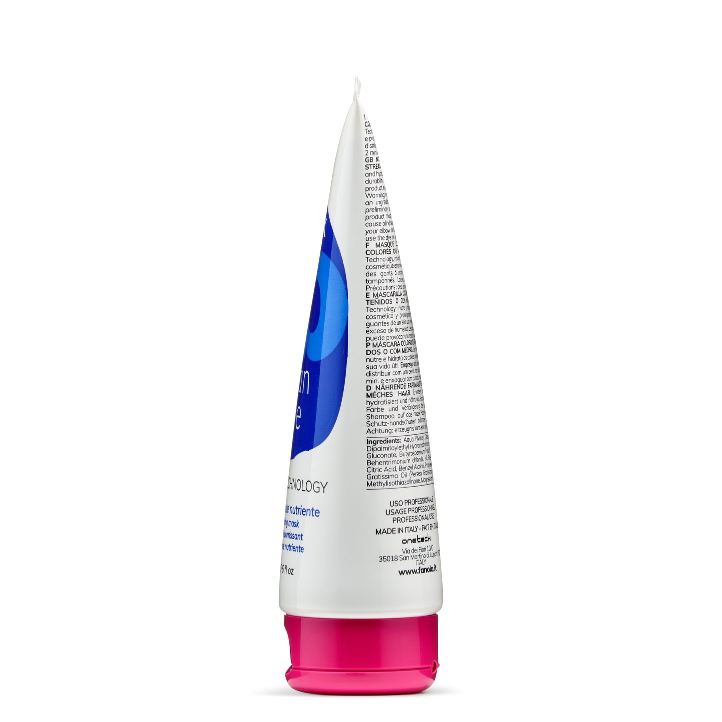 White tube with blue design and pink cap, professional hair color mask made in Italy