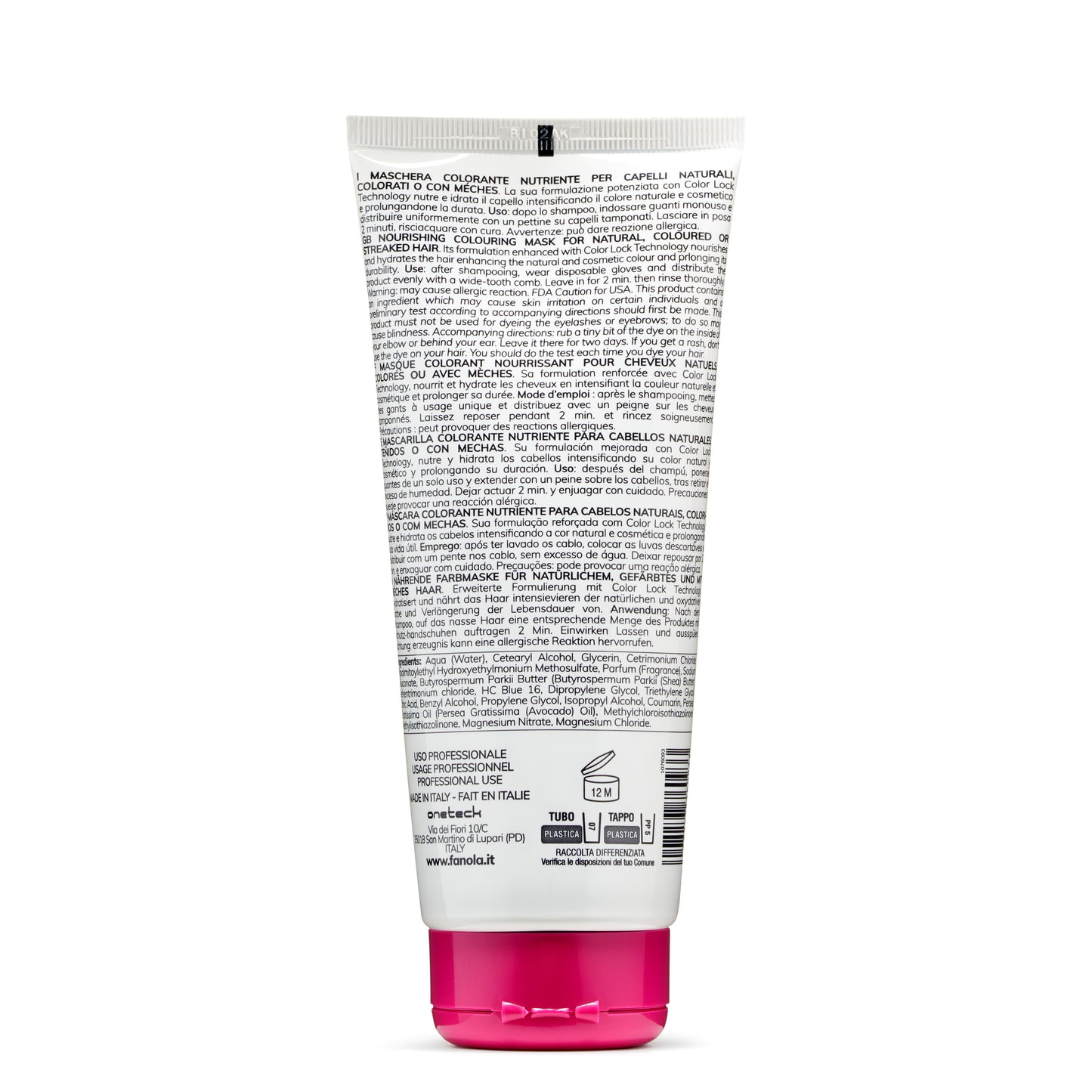Nourishing colouring hair mask for natural or dyed hair, white tube with pink cap, professional use, made in Italy