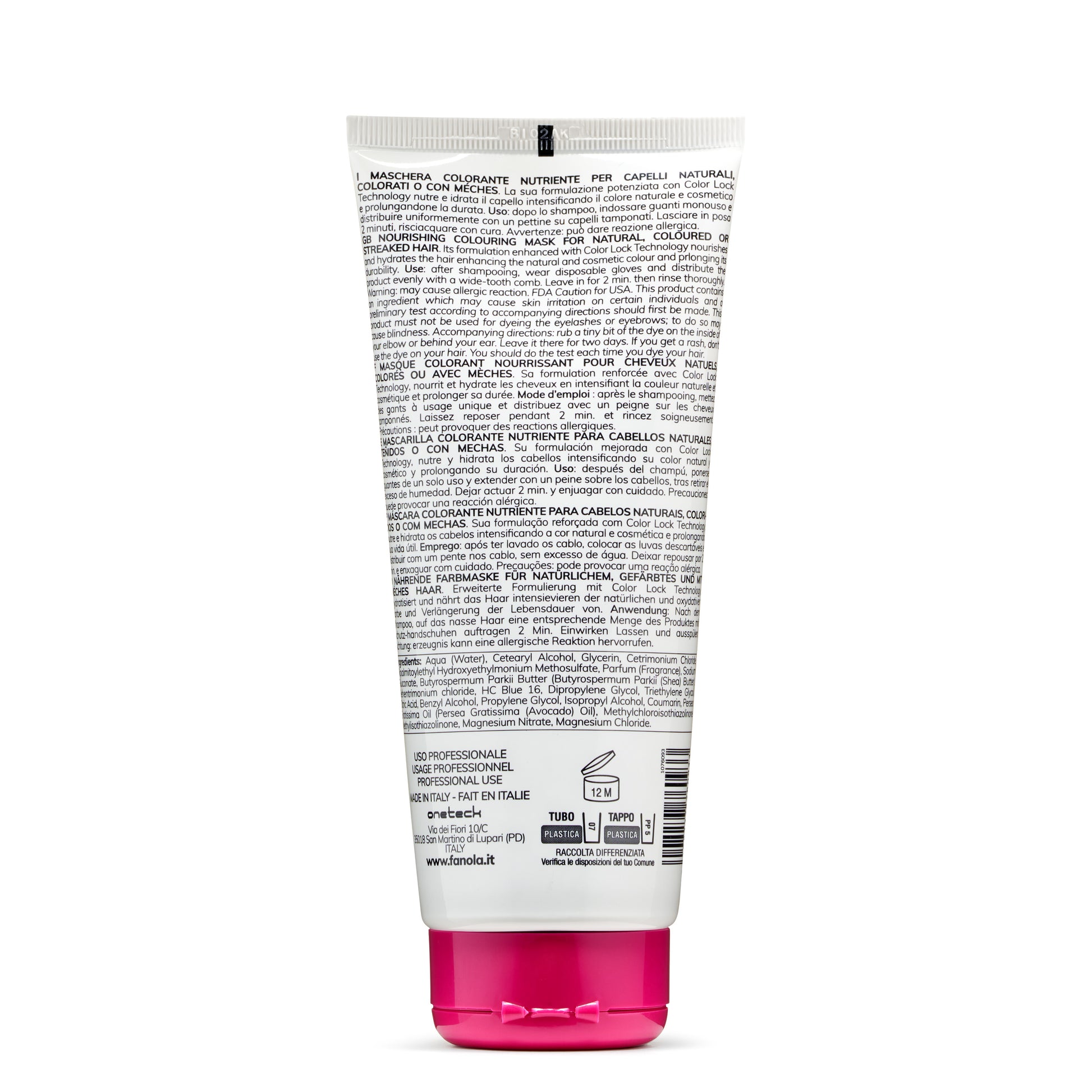 Nourishing colouring hair mask for natural or dyed hair, white tube with pink cap, professional use, made in Italy