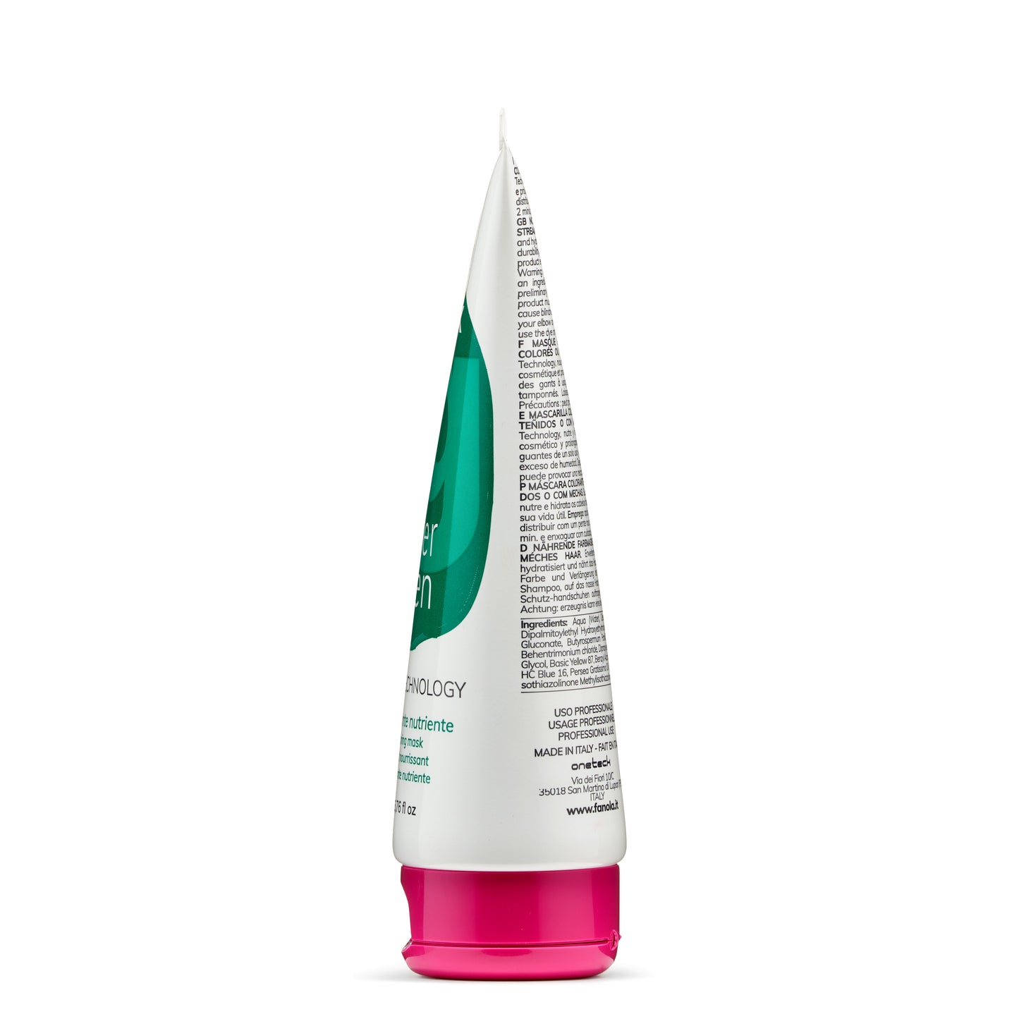 White tube with green label and pink cap, professional hair coloring mask for nourishing and hydrating hair