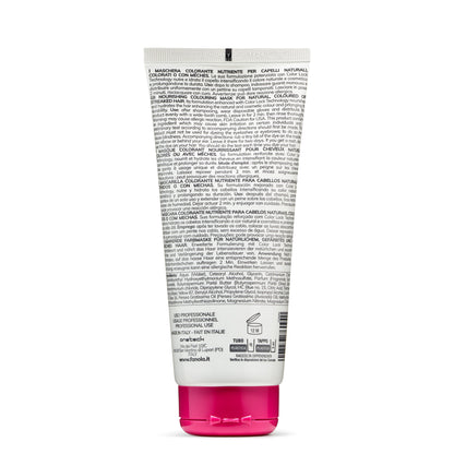 Nourishing coloring hair mask tube with pink cap, for natural or colored hair, made in Italy