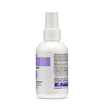 White spray bottle with purple label, pre-treatment hair reconstructive spray for damaged hair care