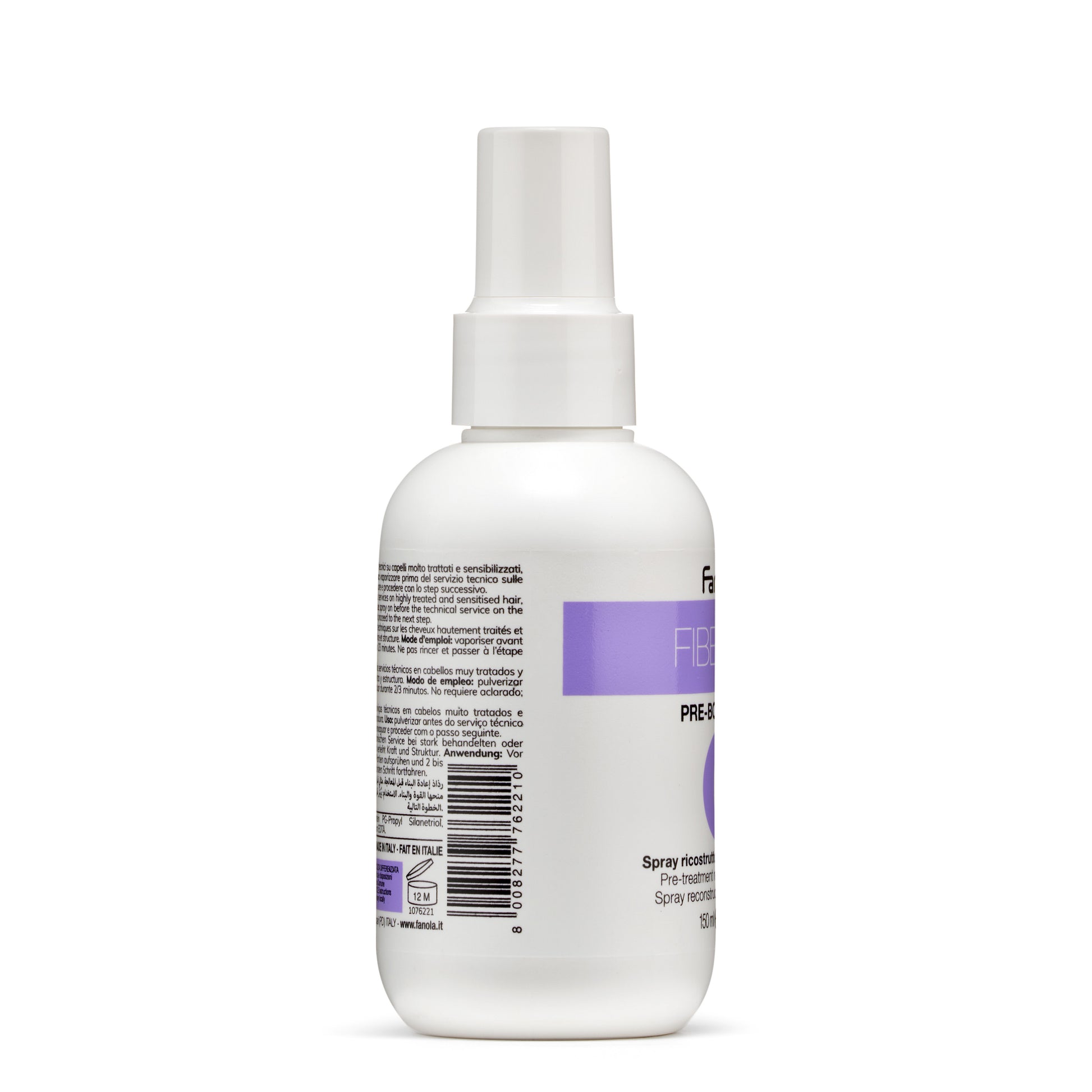 White bottle of pre-treatment hair spray with purple label, 150ml, for damaged hair repair