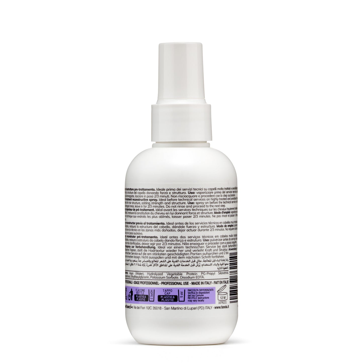White spray bottle with multilingual hair treatment label, made in Italy for professional use