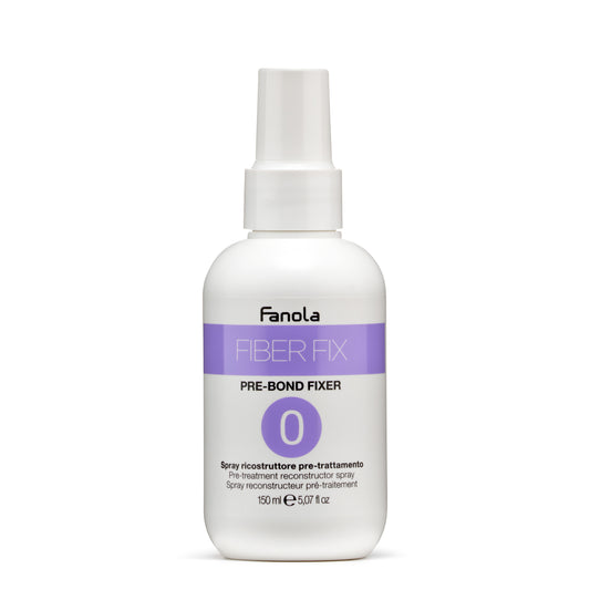 Fanola Fiber Fix Pre-Bond Fixer spray for hair treatment, 150ml bottle with purple label