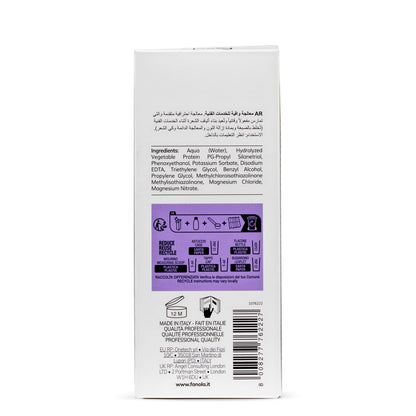 Back of white beauty product box with ingredients, recycling info, and 'Made in Italy' label for professional hair care.