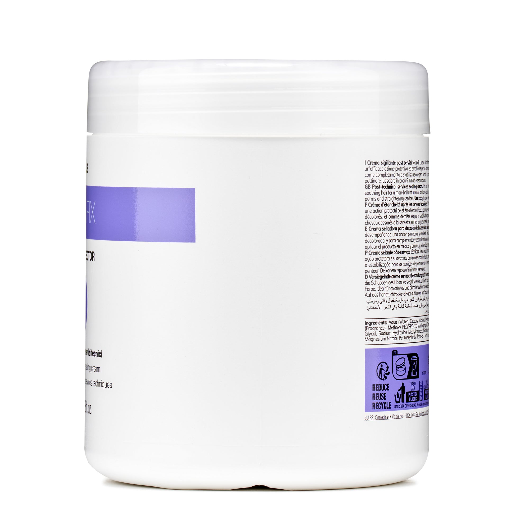 White jar of post-technical services sealing cream for hair, with multilingual label and purple accents