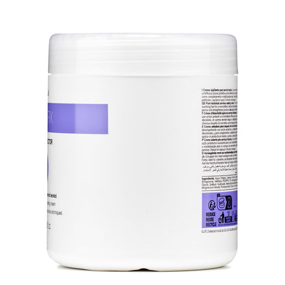 White jar of post-technical services sealing cream for hair, with multilingual label and purple accents