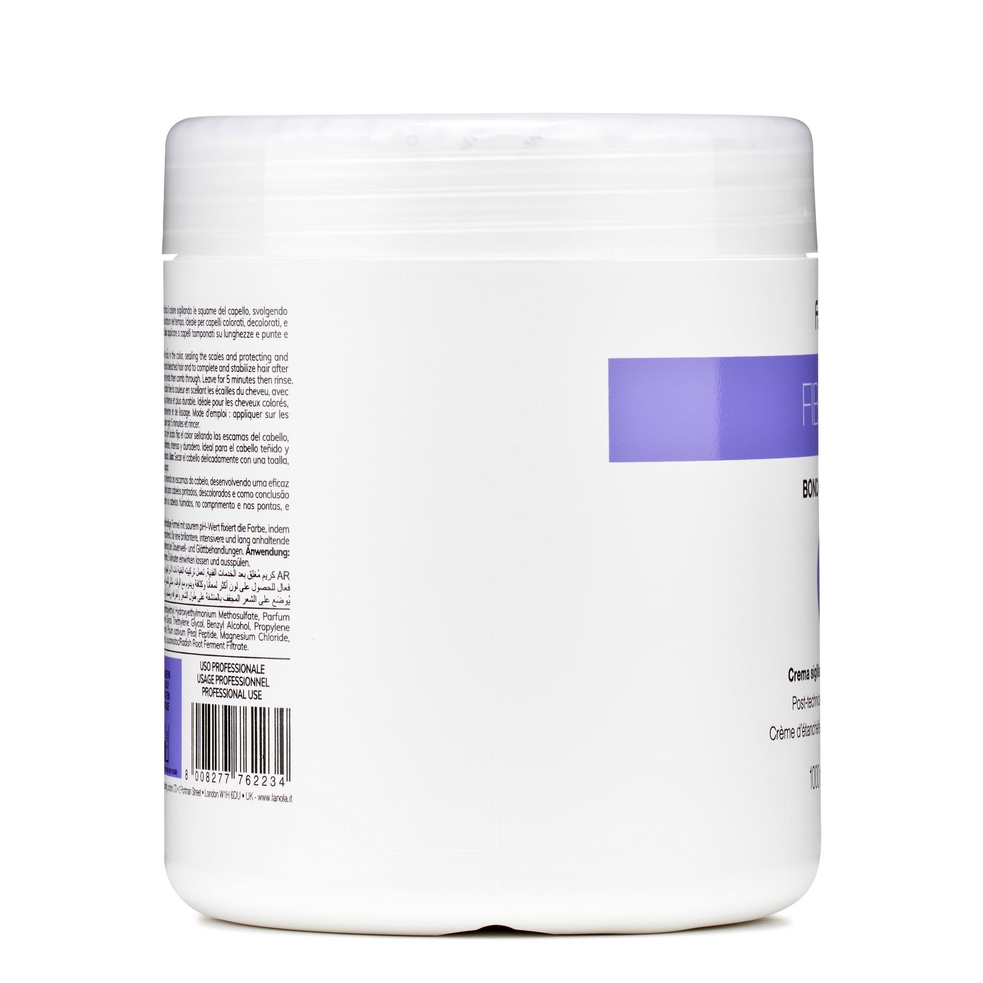 White jar of professional hair treatment cream with multilingual label and purple accents