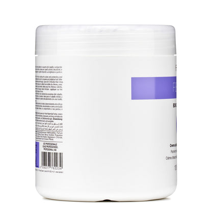 White jar of professional hair treatment cream with multilingual label and purple accents