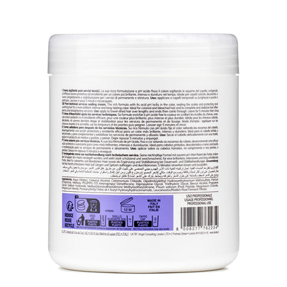 White jar of post-technical hair sealing cream for colored & bleached hair, professional use, made in Italy
