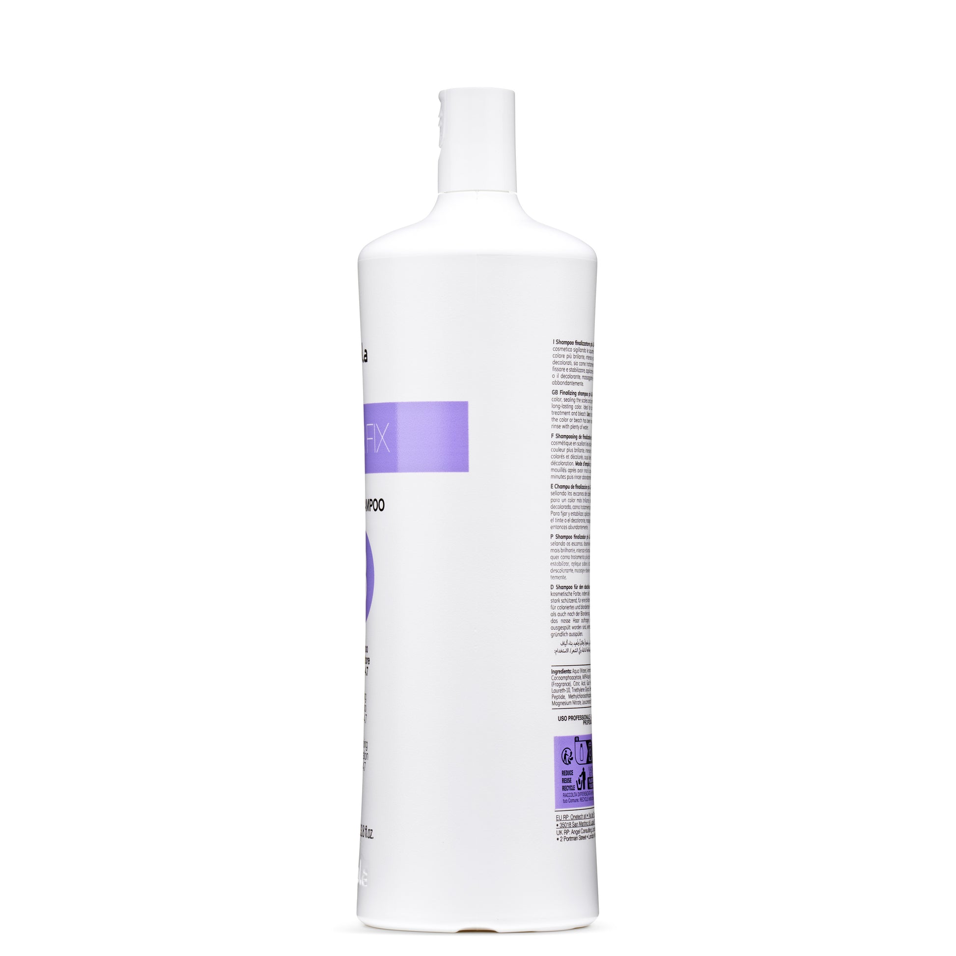 White bottle of color-protecting shampoo with purple label, ideal for dyed or bleached hair care