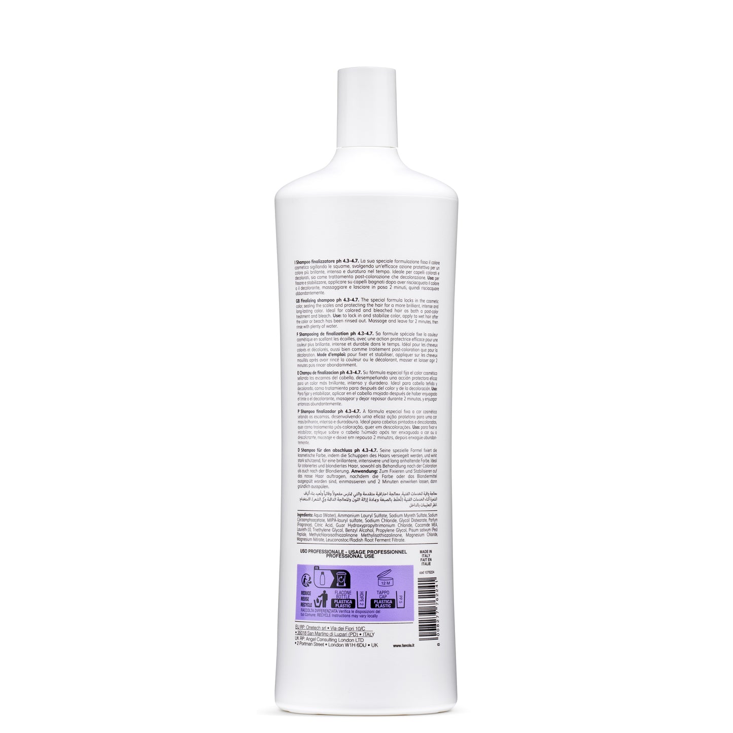 White bottle of pH 4.3-4.7 finalizing shampoo for colored hair, professional use, made in Italy