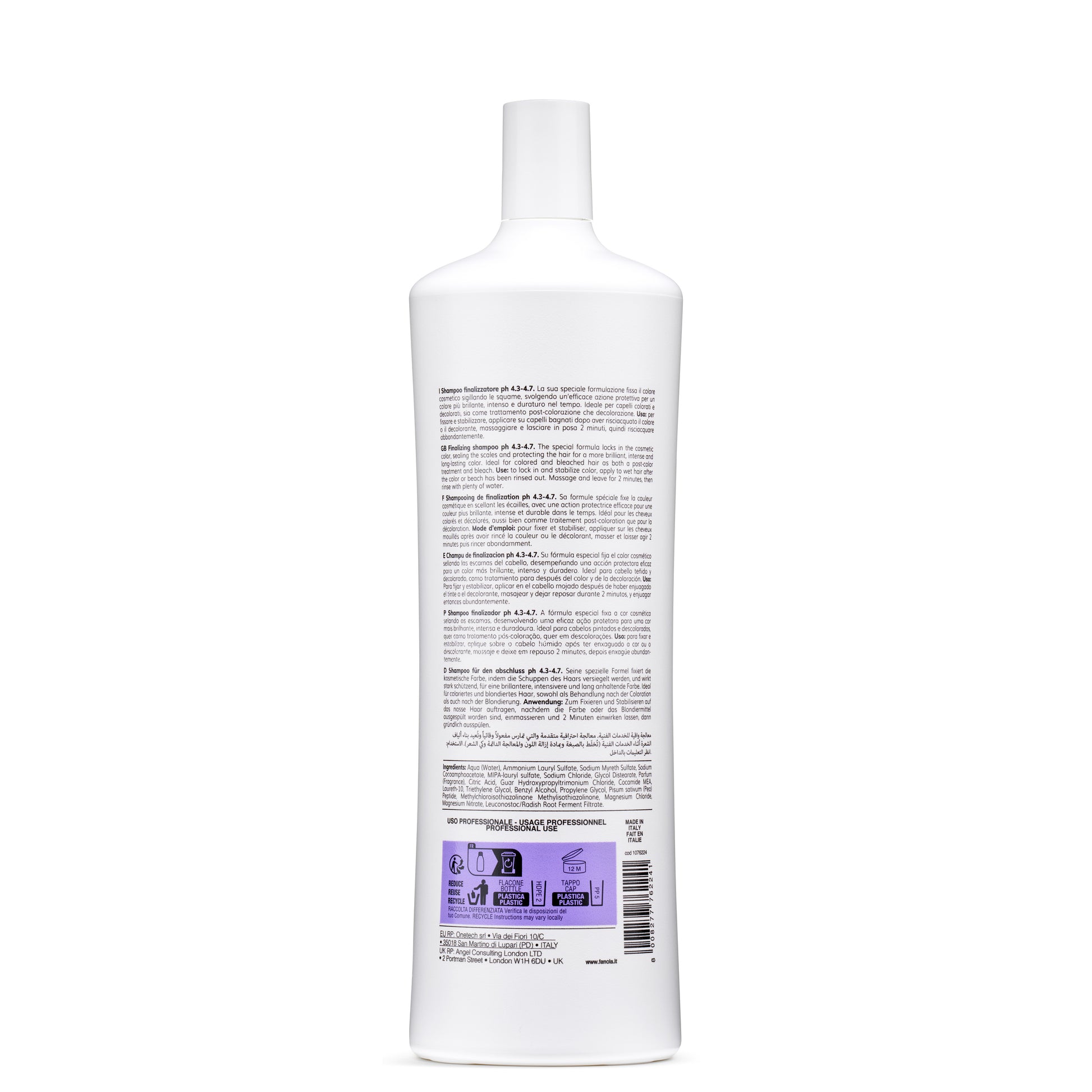 White bottle of pH 4.3-4.7 finalizing shampoo for colored hair, professional use, made in Italy
