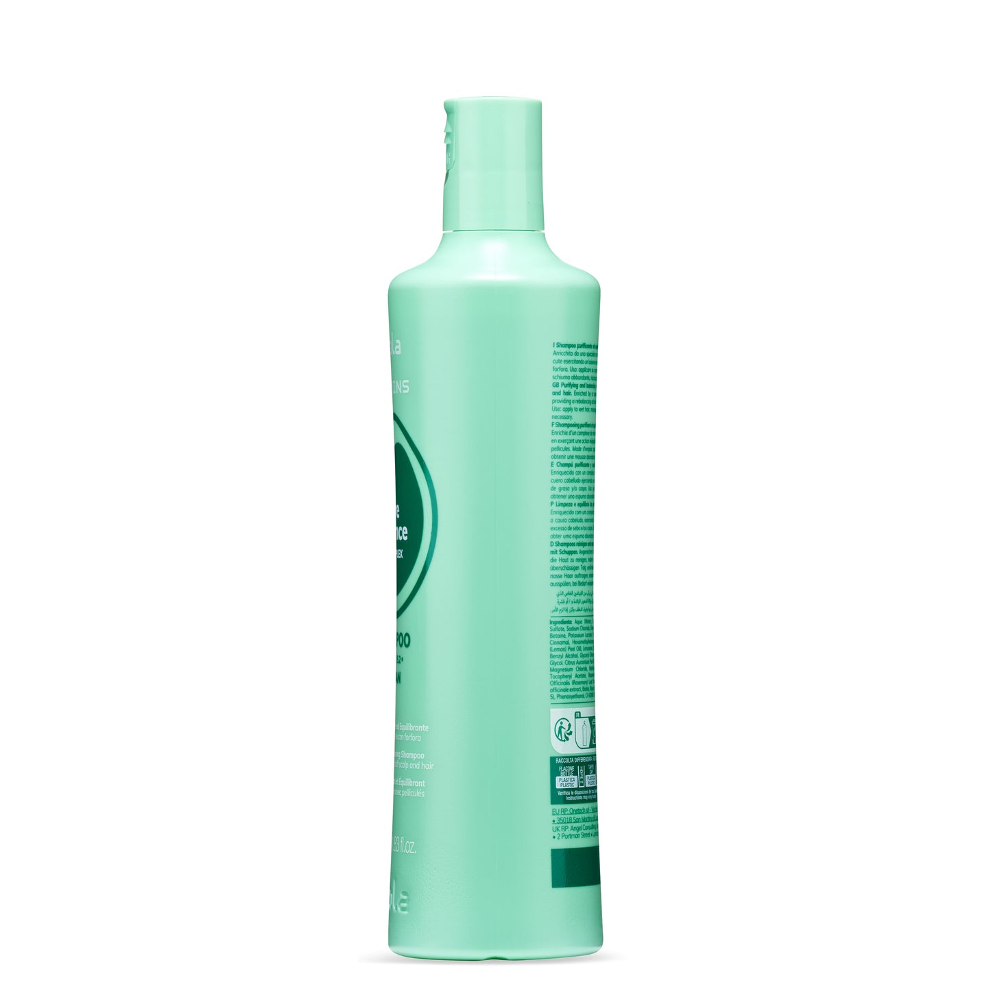 Mint green bottle of purifying and balancing shampoo for scalp and hair care