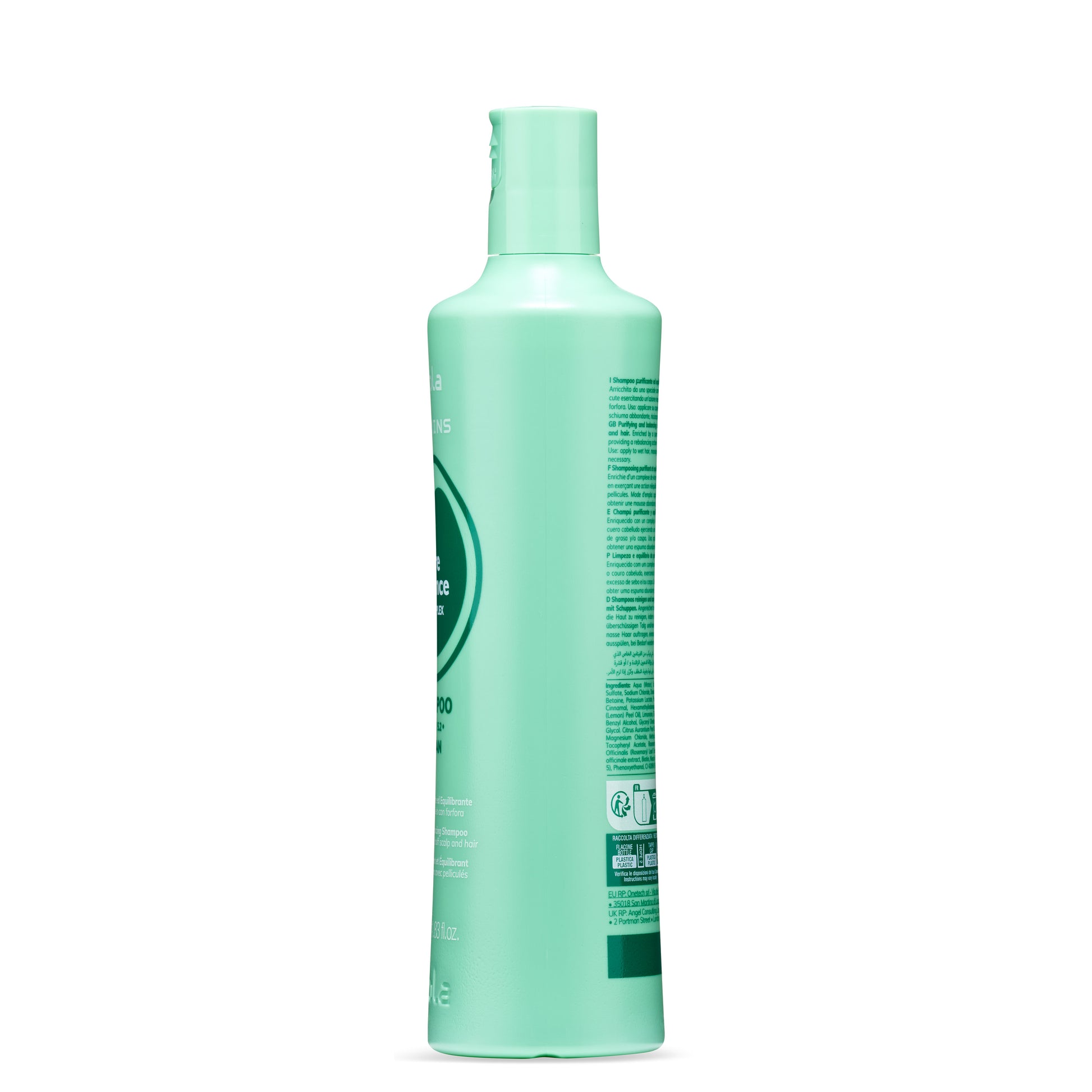Mint green bottle of purifying and balancing shampoo for scalp and hair care