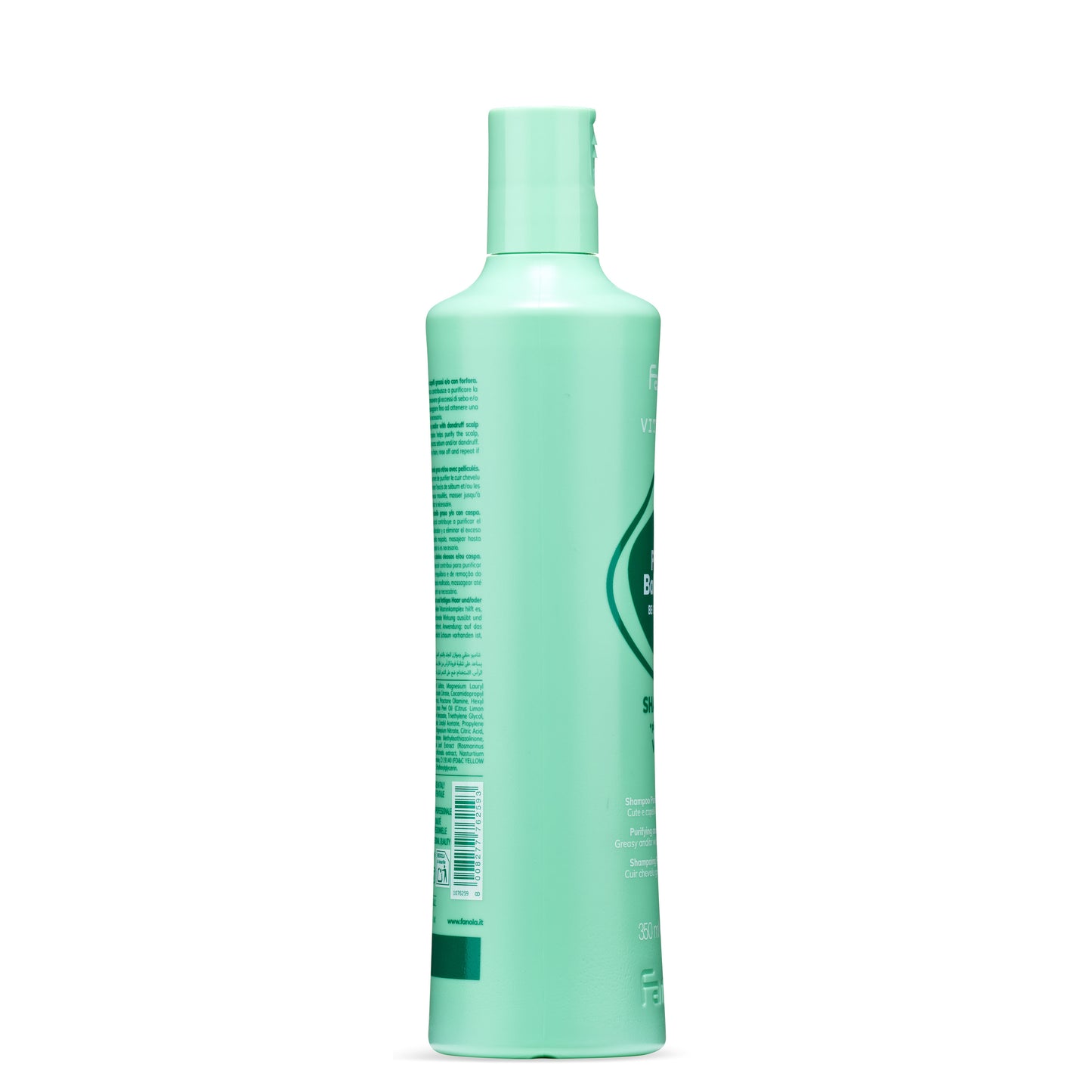 Mint green bottle of purifying shampoo for oily hair and dandruff, 350ml, with multilingual label