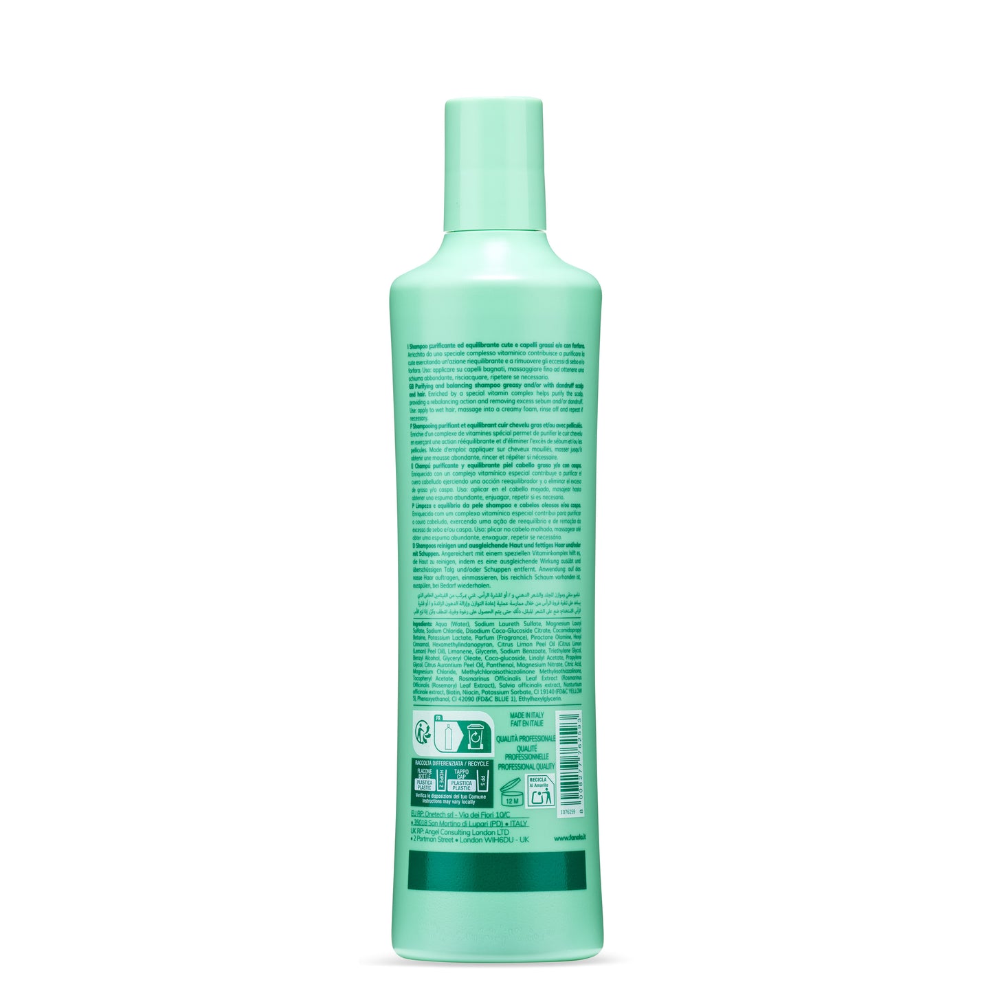 Mint green shampoo bottle for greasy hair & dandruff, made in Italy, professional quality