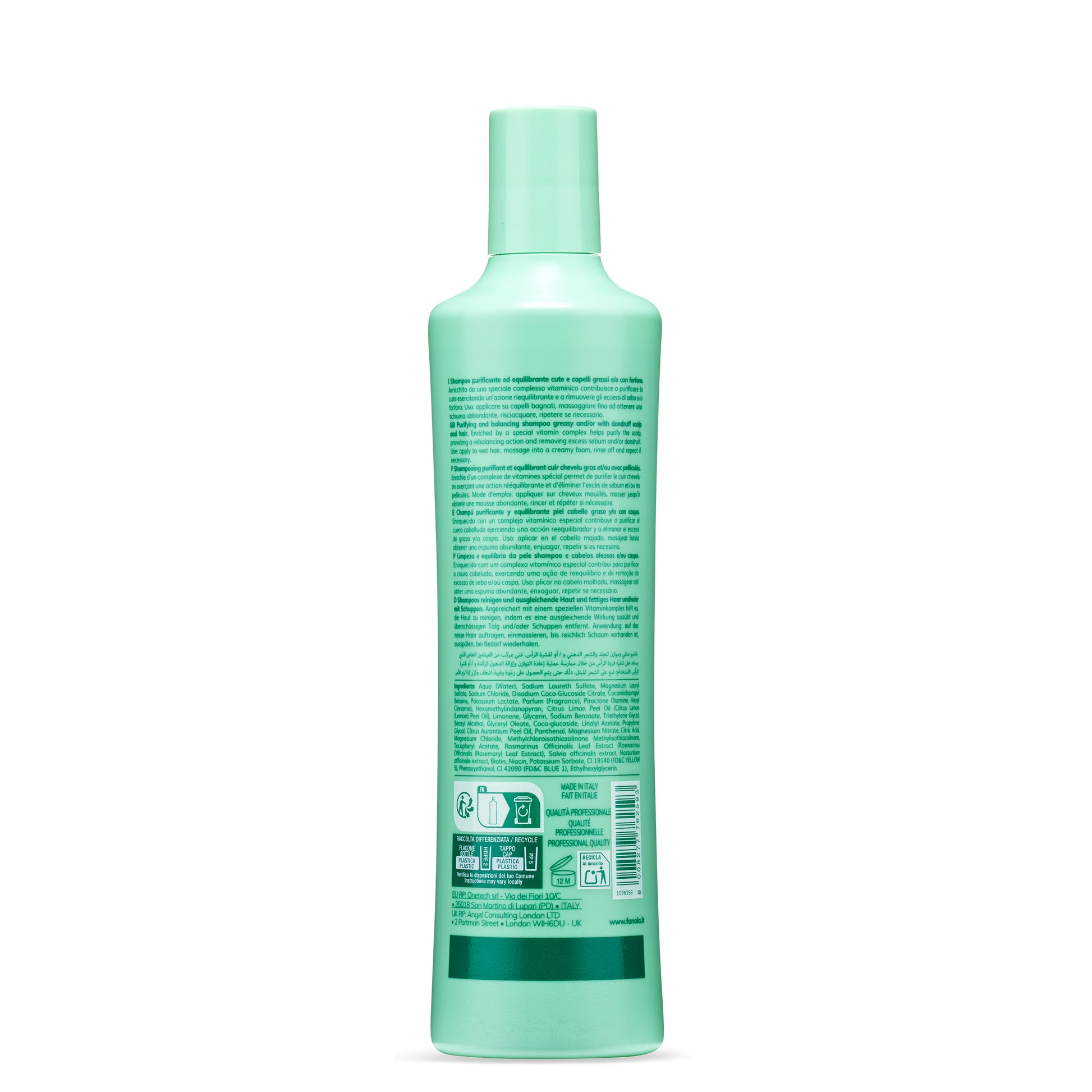 Mint green shampoo bottle for greasy hair & dandruff, made in Italy, professional quality