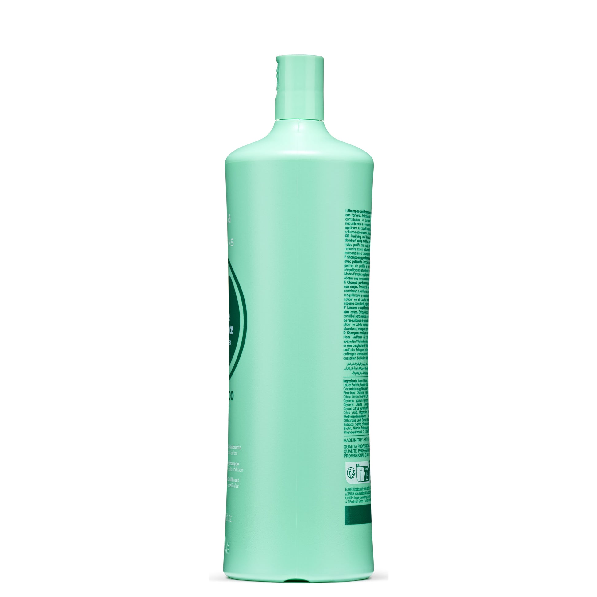 Mint green purifying shampoo bottle for scalp and hair, made in Italy, professional quality
