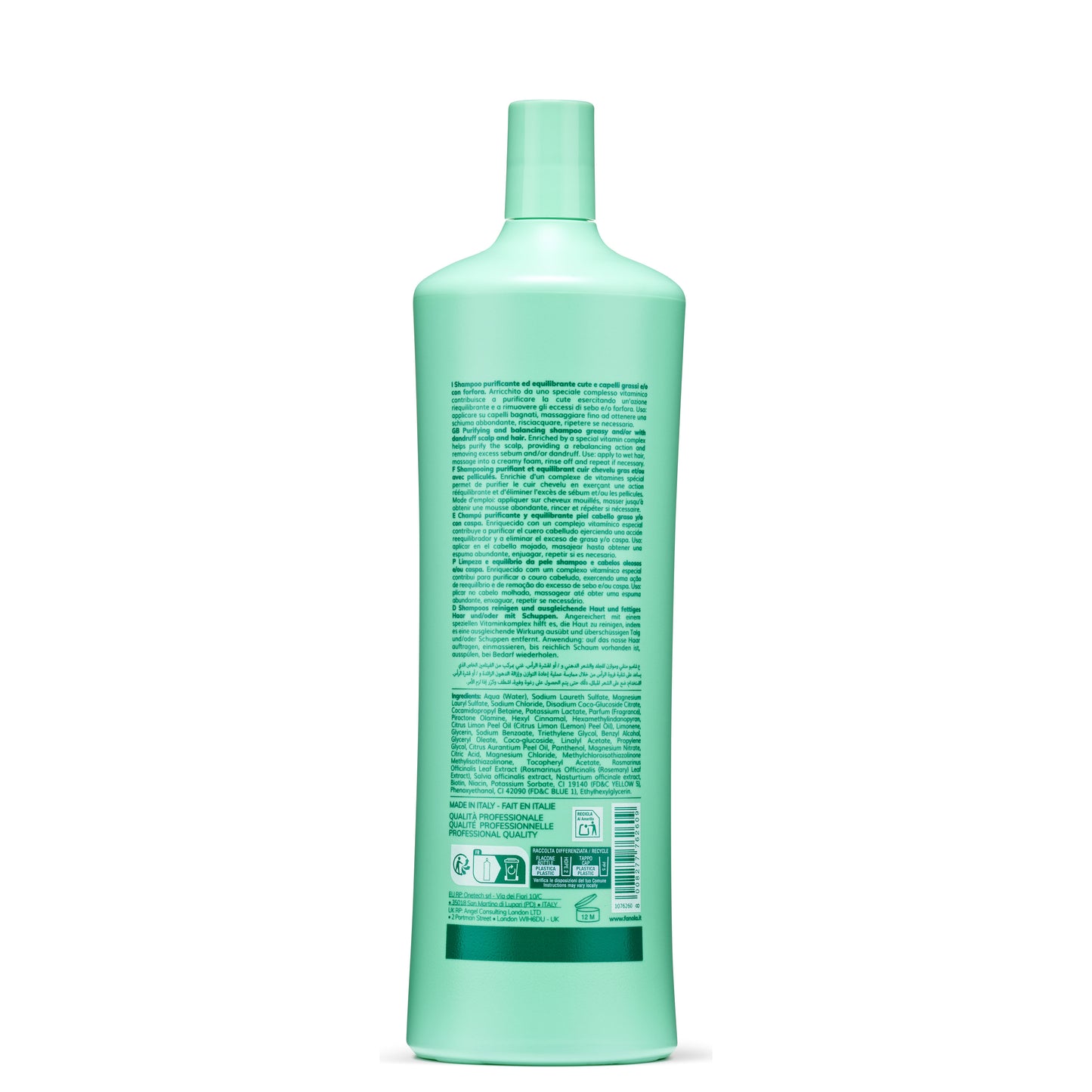 Mint green bottle of purifying shampoo for oily hair and dandruff, made in Italy with professional quality ingredients.