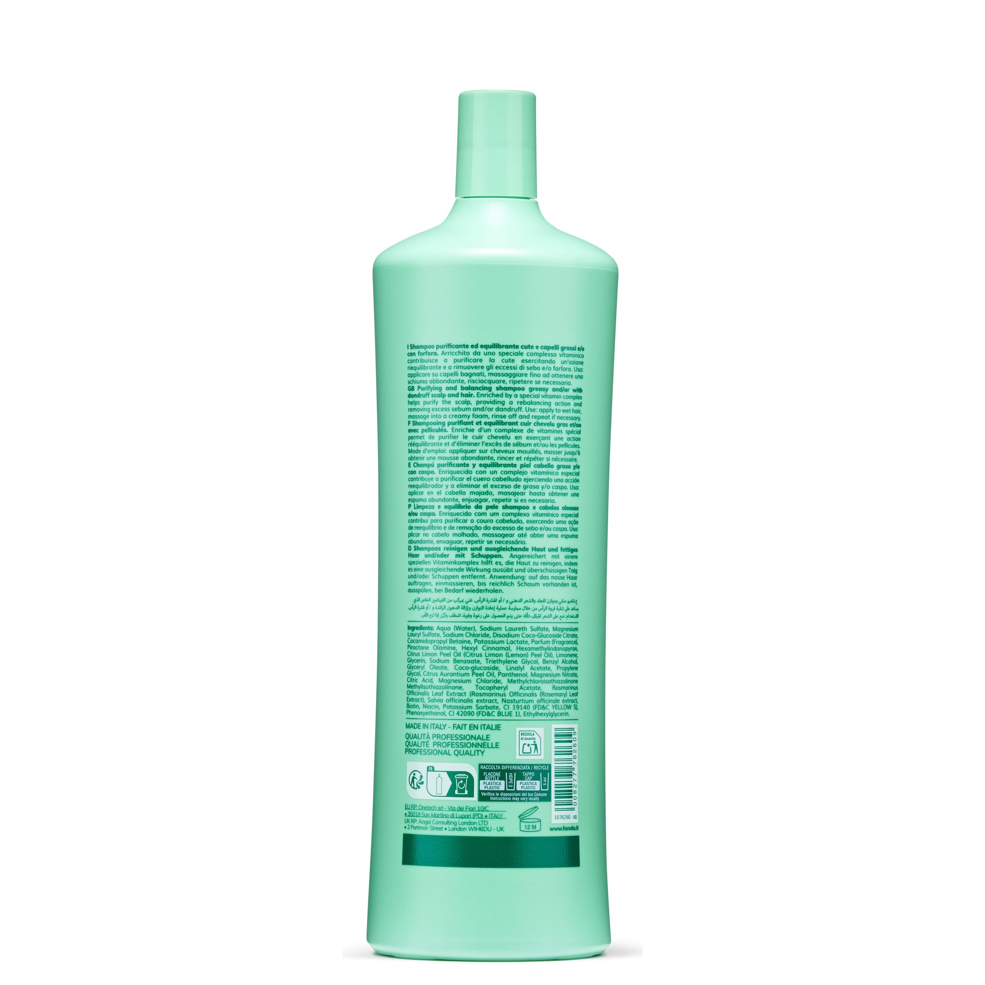 Mint green bottle of purifying shampoo for oily hair and dandruff, made in Italy with professional quality ingredients.
