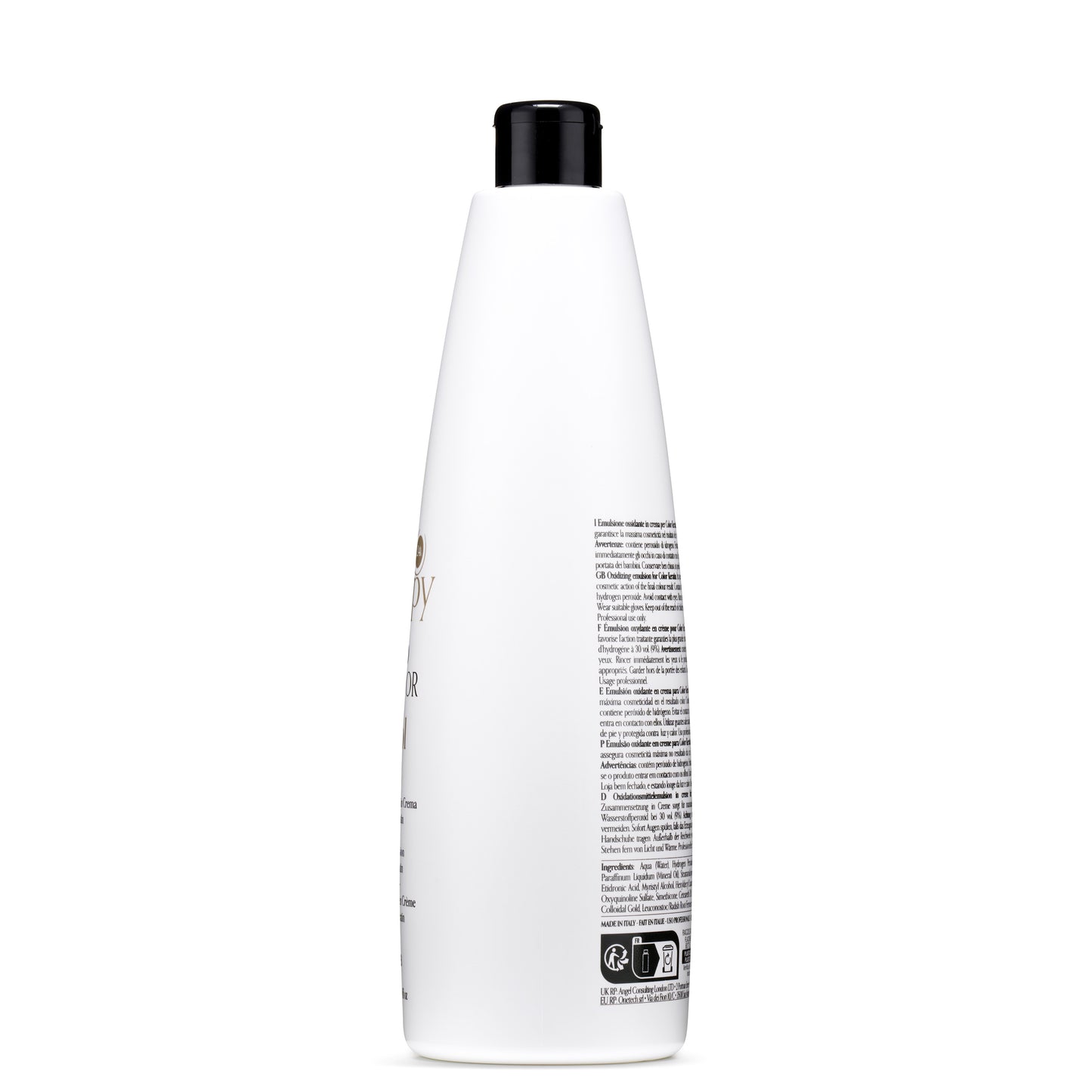 White bottle of hair color oxidizing emulsion with black cap, professional use, made in Italy