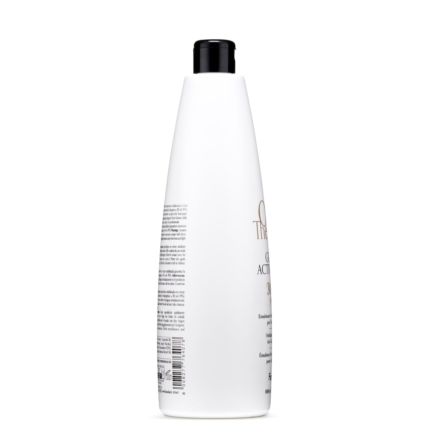 White bottle of 30 vol hair developer with black cap, professional salon hair care product