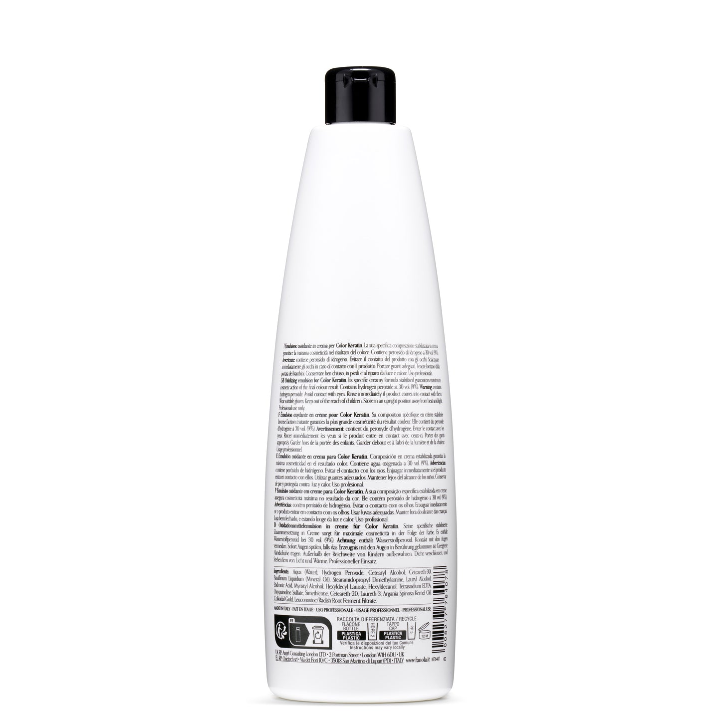 White bottle of Color Keratin oxidizing emulsion for professional hair coloring, made in Italy