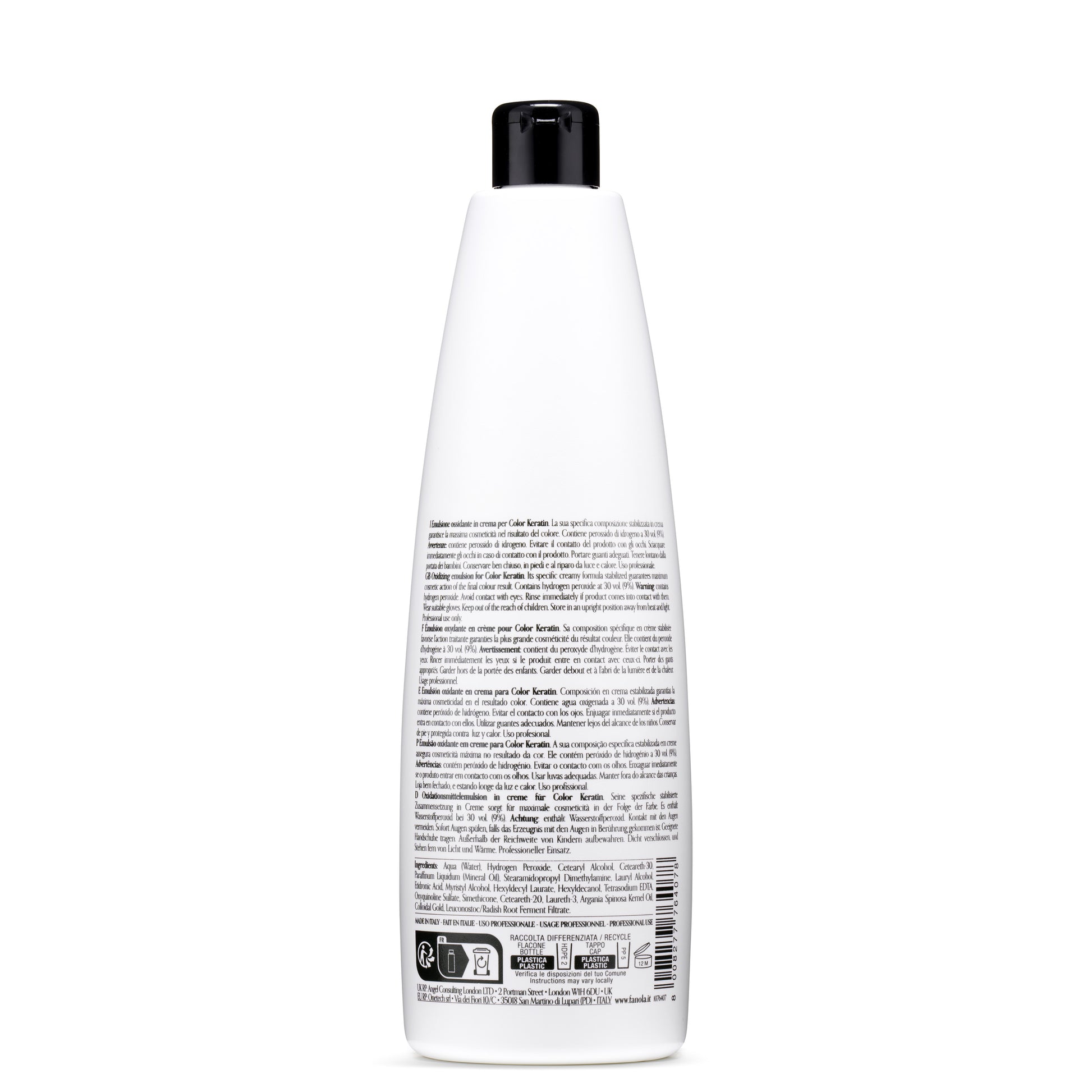 White bottle of Color Keratin oxidizing emulsion for professional hair coloring, made in Italy
