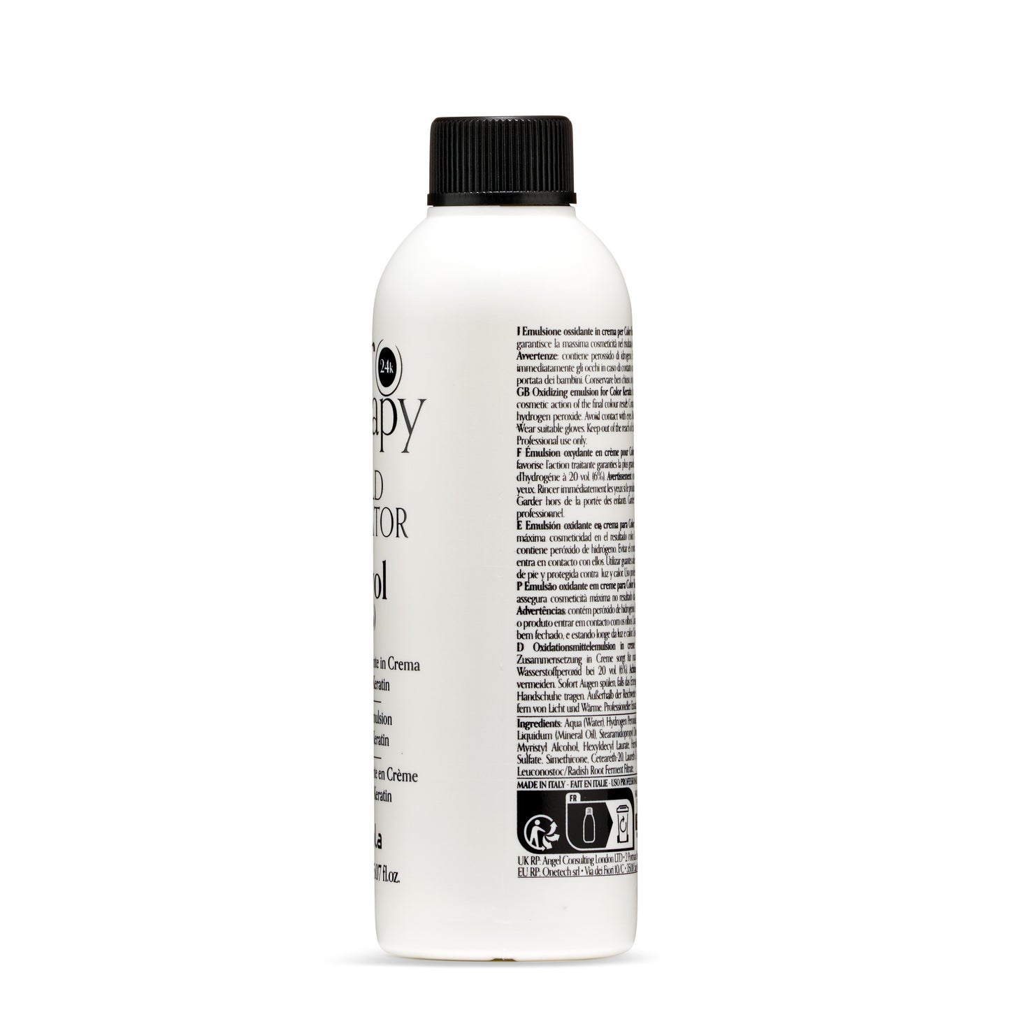White bottle of 24k hair color oxidizing emulsion with black cap, professional use only, made in Italy
