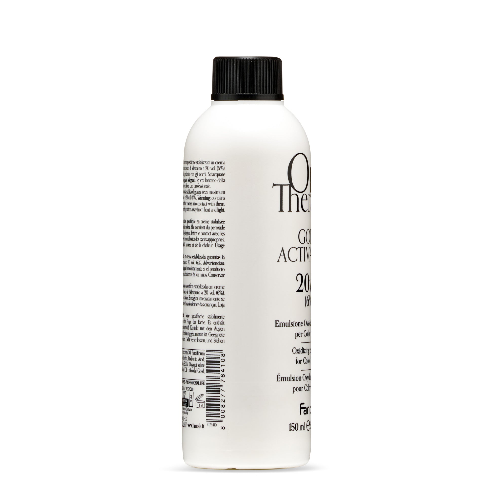 White bottle of 20 volume hair developer with black cap, professional hair color oxidizing emulsion
