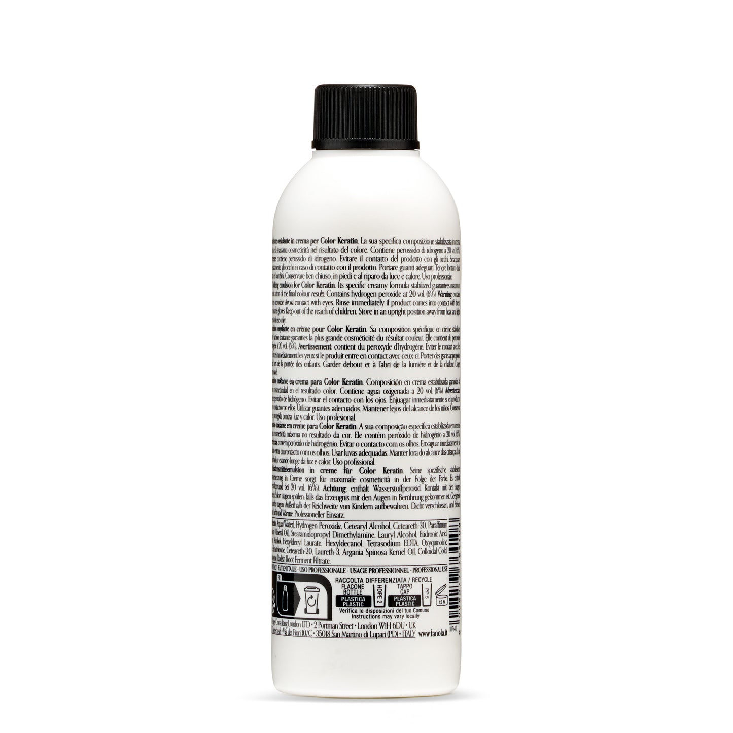Color Keratin oxidizing emulsion in white bottle with black cap, professional hair color developer