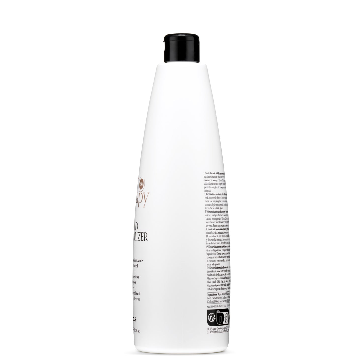 White bottle of 24k gold hair neutralizer with black cap, labeled for all hair types, made in Italy